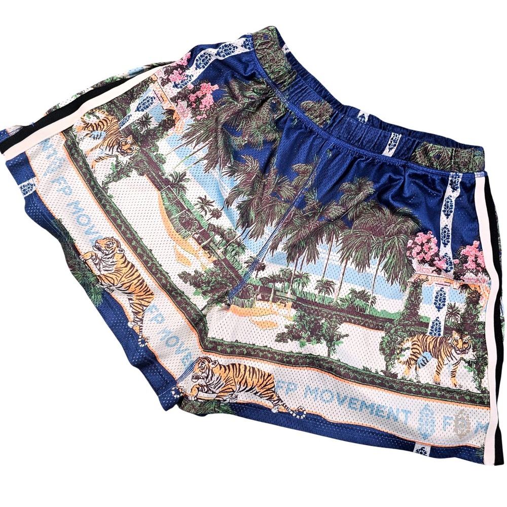 FP Movement Blue Tropical Tiger Mesh Athletic Shorts Side Stripe Size M